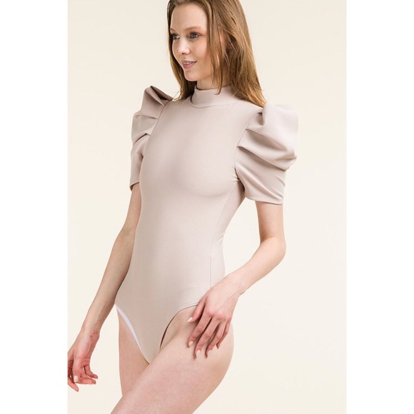 Taupe Short Puff Sleeve Bodysuit - Picture 3 of 5